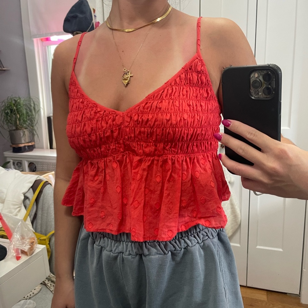 UO red smocked cropped tank